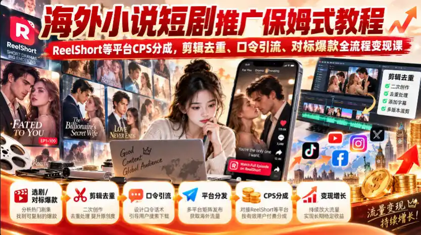 海外小说短剧推广保姆式教程｜ReelShort等平台CPS分成，剪辑去重、口令引流、对标爆款全流程变现课-亿起创业网-副业兼职月入过万-自媒体、引流推广、网赚项目、短视频、技术教程等创业项目资源