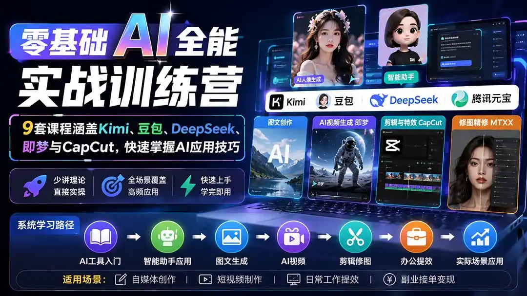 零基础AI全能实战训练营：9套课程涵盖Kimi、豆包、DeepSeek、即梦与CapCut，快速掌握AI应用技巧-亿起创业网-副业兼职月入过万-自媒体、引流推广、网赚项目、短视频、技术教程等创业项目资源