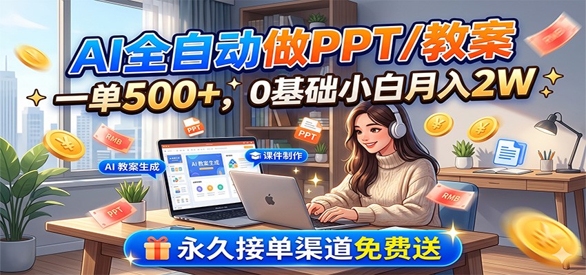 AI全自动做PPT/教案,一单500+,0基础小白月入2W,永久接单渠道免费送-亿起创业网-副业兼职月入过万-自媒体、引流推广、网赚项目、短视频、技术教程等创业项目资源