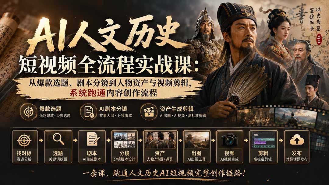 AI人文历史短视频全流程实战课：从爆款选题、剧本分镜到人物资产与视频剪辑，系统跑通内容创作流程-亿起创业网-副业兼职月入过万-自媒体、引流推广、网赚项目、短视频、技术教程等创业项目资源