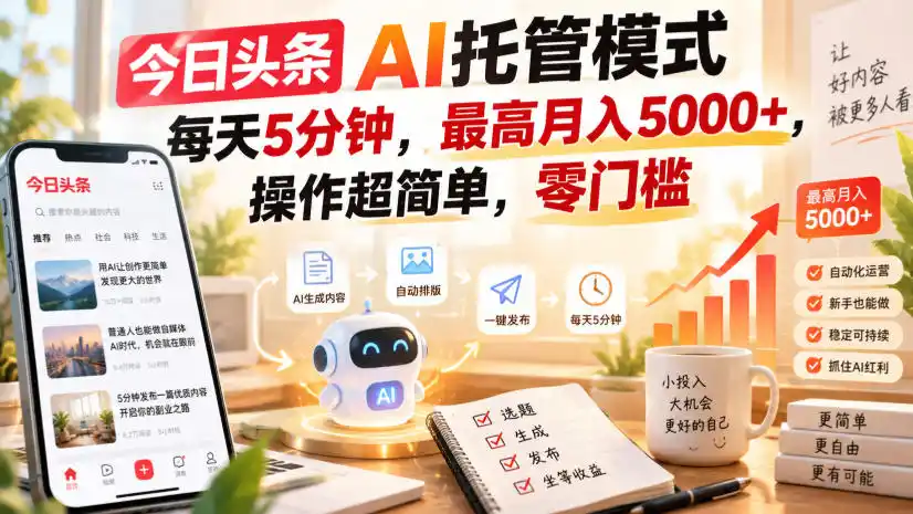 今日头条AI托管模式，每天5分钟，最高月入5000+，操作超简单，零门槛【揭秘】-亿起创业网-副业兼职月入过万-自媒体、引流推广、网赚项目、短视频、技术教程等创业项目资源