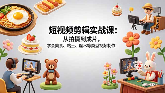 短视频剪辑实战课：从拍摄到成片，学会美食、粘土、魔术等类型视频制作-亿起创业网-副业兼职月入过万-自媒体、引流推广、网赚项目、短视频、技术教程等创业项目资源