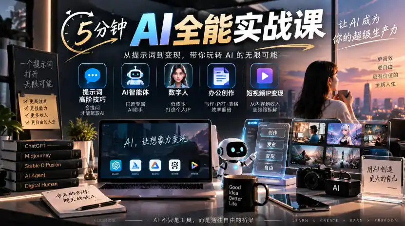 5分钟AI全能实战课｜提示词高阶技巧+AI智能体+数字人+办公创作+短视频IP变现全教程-亿起创业网-副业兼职月入过万-自媒体、引流推广、网赚项目、短视频、技术教程等创业项目资源