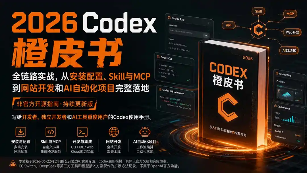 2026Codex橙皮书:全链路实战,从安装配置、Skill与MCP到网站开发和AI自动化项目完整落地 2026Codex橙皮书:全链路实战,从安装配置、Skill与MCP到网站开发和AI自动化项目完整落地