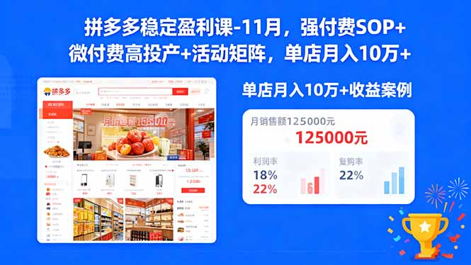 拼多多稳定盈利课-11月，强付费SOP+微付费高投产+活动矩阵，单店月入10万+-亿佰盟网