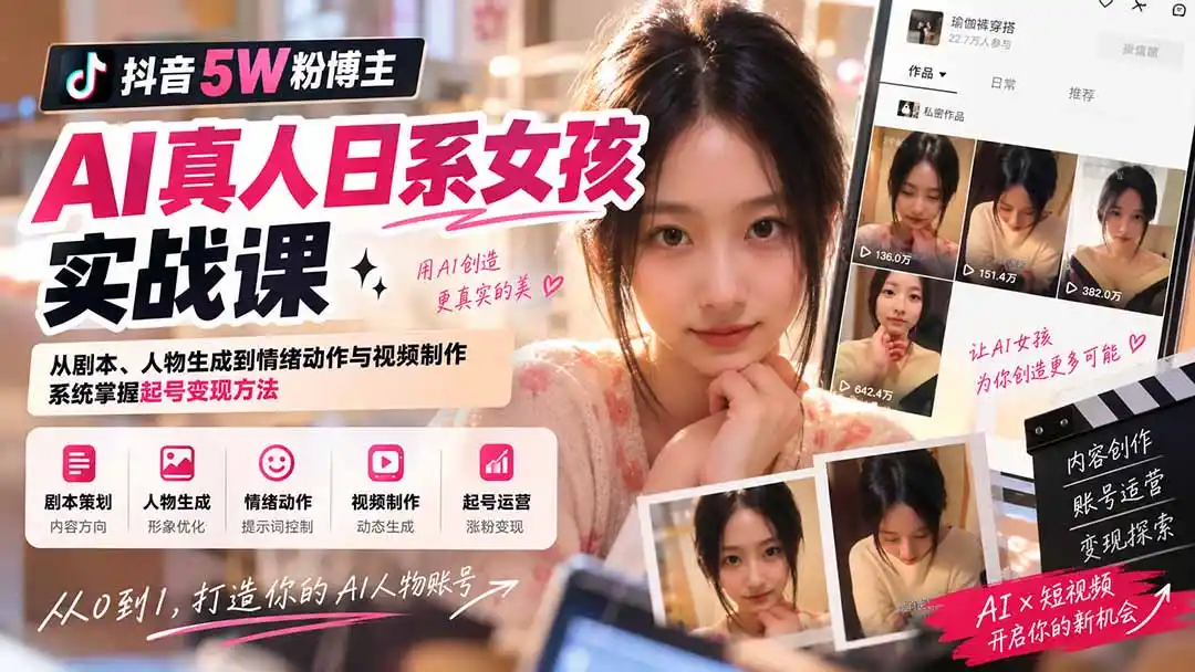 抖音5W粉博主AI真人日系女孩实战课：从剧本、人物生成到情绪动作与视频制作，系统掌握起号变现方法-亿起创业网-副业兼职月入过万-自媒体、引流推广、网赚项目、短视频、技术教程等创业项目资源