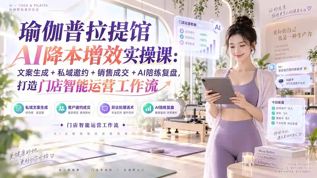 瑜伽普拉提馆AI降本增效实操课：文案生成+私域邀约+销售成交+AI陪练复盘，打造门店智能运营工作流-亿起创业网-副业兼职月入过万-自媒体、引流推广、网赚项目、短视频、技术教程等创业项目资源