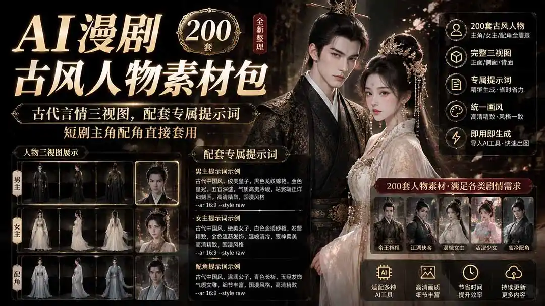 AI漫剧古风人物素材包+提示词｜200 套古代言情三视图，配套专属提示词短剧主角配角直接套用-亿起创业网-副业兼职月入过万-自媒体、引流推广、网赚项目、短视频、技术教程等创业项目资源