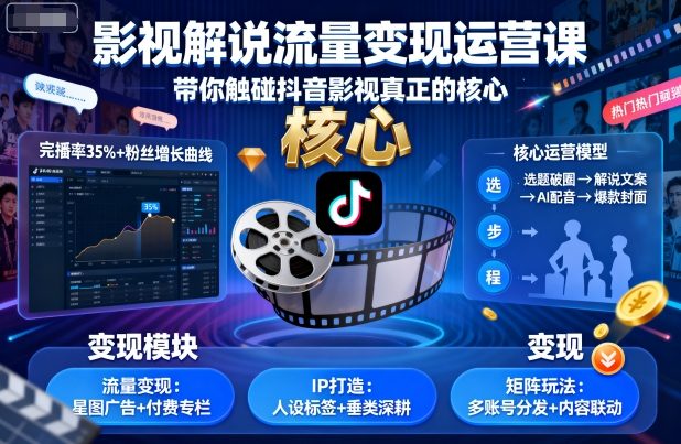 影视解说流量变现运营课，带你触碰抖音影视真正的核心-亿佰盟网