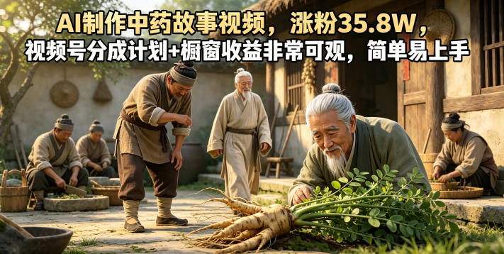 AI制作中药故事视频，涨粉35.8W，视频号分成计划+橱窗收益非常可观，简单易上手-亿起创业网-副业兼职月入过万-自媒体、引流推广、网赚项目、短视频、技术教程等创业项目资源