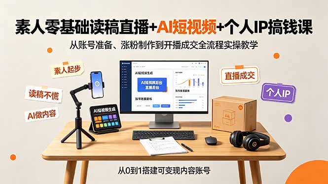 素人零基础读稿直播+AI短视频+个人IP搞钱课，从账号准备、涨粉制作到开播成交全流程实操教学-亿起创业网-副业兼职月入过万-自媒体、引流推广、网赚项目、短视频、技术教程等创业项目资源