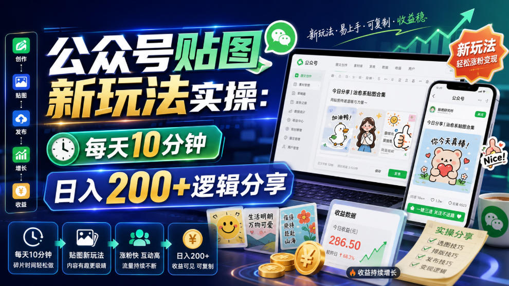 公众号贴图新玩法实操，每天10分钟，日入200+逻辑分享-亿起创业网-副业兼职月入过万-自媒体、引流推广、网赚项目、短视频、技术教程等创业项目资源