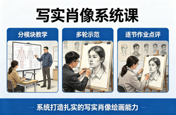 写实肖像系统课，全程分模块教学+多轮示范+逐节作业点评，系统打造扎实的写实肖像绘画能力-亿起创业网-副业兼职月入过万-自媒体、引流推广、网赚项目、短视频、技术教程等创业项目资源