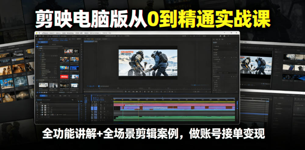 剪映电脑版从0到精通实战课，全功能讲解+全场景剪辑案例，做账号接单变现-亿起创业网-副业兼职月入过万-自媒体、引流推广、网赚项目、短视频、技术教程等创业项目资源
