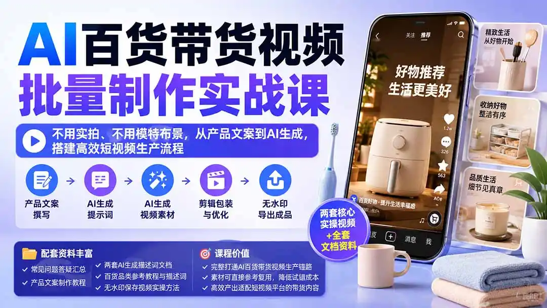 AI百货带货视频批量制作实战课：不用实拍、不用模特布景，从产品文案到AI生成，搭建高效短视频生产流程-亿起创业网-副业兼职月入过万-自媒体、引流推广、网赚项目、短视频、技术教程等创业项目资源