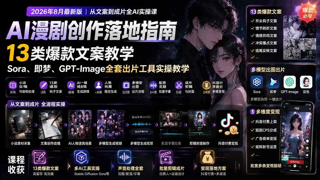 AI漫剧创作落地指南｜13类爆款文案教学，Sora、即梦、GPT-Image全套出片工具实操教学-亿起创业网-副业兼职月入过万-自媒体、引流推广、网赚项目、短视频、技术教程等创业项目资源