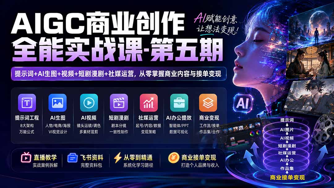 AIGC商业创作全能实战课-第五期：提示词+AI生图+视频+短剧漫剧+社媒运营，从零掌握商业内容与接单变现-亿起创业网-副业兼职月入过万-自媒体、引流推广、网赚项目、短视频、技术教程等创业项目资源