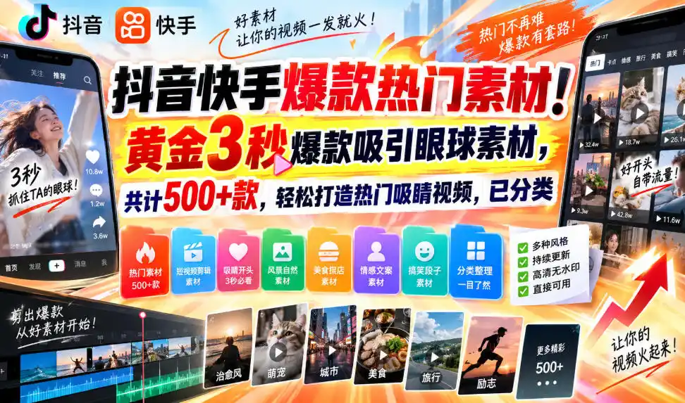 抖音快手爆款热门素材！黄金3秒爆款吸引眼球素材，共计500+款，轻松打造热门吸睛视频，已分类-亿起创业网-副业兼职月入过万-自媒体、引流推广、网赚项目、短视频、技术教程等创业项目资源