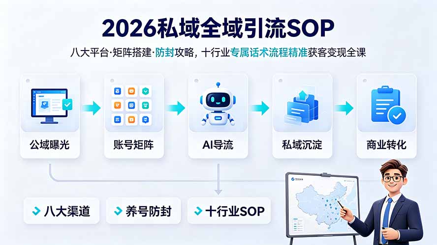 2026私域全域引流SOP|八大平台·矩阵搭建·防封攻略,十行业专属话术流程精准获客变现全课-亿起创业网-副业兼职月入过万-自媒体、引流推广、网赚项目、短视频、技术教程等创业项目资源