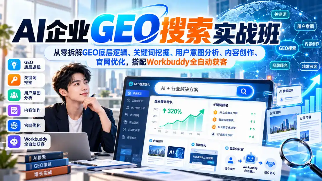 AI企业GEO搜索实战班，从零拆解GEO底层逻辑、关键词挖掘、用户意图分析、内容创作、官网优化，搭配Workbuddy全自动获客-亿起创业网-副业兼职月入过万-自媒体、引流推广、网赚项目、短视频、技术教程等创业项目资源