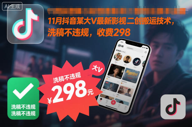 11月抖音某大V最新影视二创搬运技术，洗稿不违规，收费298-亿佰盟网
