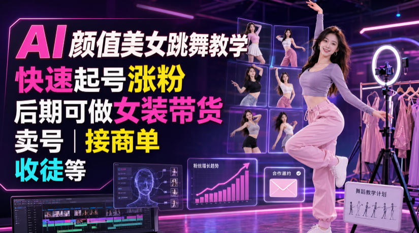 AI颜值美女跳舞教学，快速起号涨粉，后期可做女装带货，卖号，接商单，收徒等-亿起创业网-副业兼职月入过万-自媒体、引流推广、网赚项目、短视频、技术教程等创业项目资源