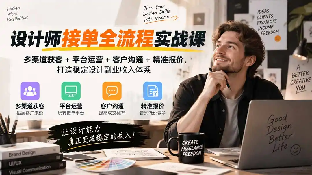 设计师接单全流程实战课-无水印｜多渠道获客+平台运营+客户沟通+精准报价，打造稳定设计副业收入体系-亿起创业网-副业兼职月入过万-自媒体、引流推广、网赚项目、短视频、技术教程等创业项目资源