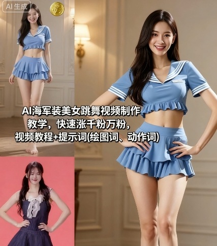 AI海军装美女跳舞视频制作教学，快速涨千粉万粉，视频教程+提示词(绘图词、动作词)-亿佰盟网