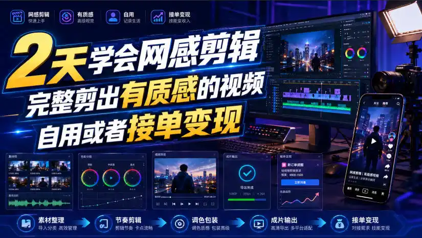 2天学会网感剪辑，完整剪出有质感的视频，自用或者接单变现-亿起创业网-副业兼职月入过万-自媒体、引流推广、网赚项目、短视频、技术教程等创业项目资源