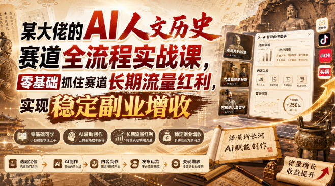某大佬的AI人文历史赛道全流程实战课，零基础抓住赛道长期流量红利，实现稳定副业增收-亿起创业网-副业兼职月入过万-自媒体、引流推广、网赚项目、短视频、技术教程等创业项目资源