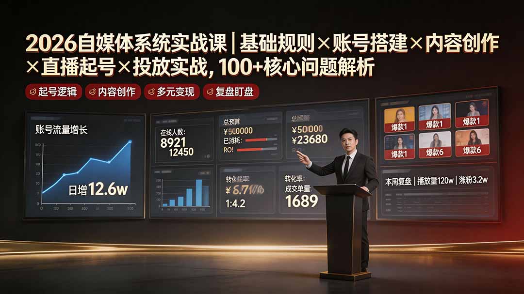 2026自媒体系统实战课｜基础规则×账号搭建×内容创作×直播起号×投放实战，100+核心问题解析-亿起创业网-副业兼职月入过万-自媒体、引流推广、网赚项目、短视频、技术教程等创业项目资源