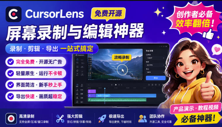CursorLens免费开源录屏工具,支持自动缩放,教程视频录制必备神器-亿起创业网-副业兼职月入过万-自媒体、引流推广、网赚项目、短视频、技术教程等创业项目资源