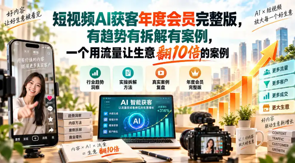 短视频AI获客年度会员完整版，有趋势有拆解有案例，一个用流量让生意翻10倍的案例-亿起创业网-副业兼职月入过万-自媒体、引流推广、网赚项目、短视频、技术教程等创业项目资源