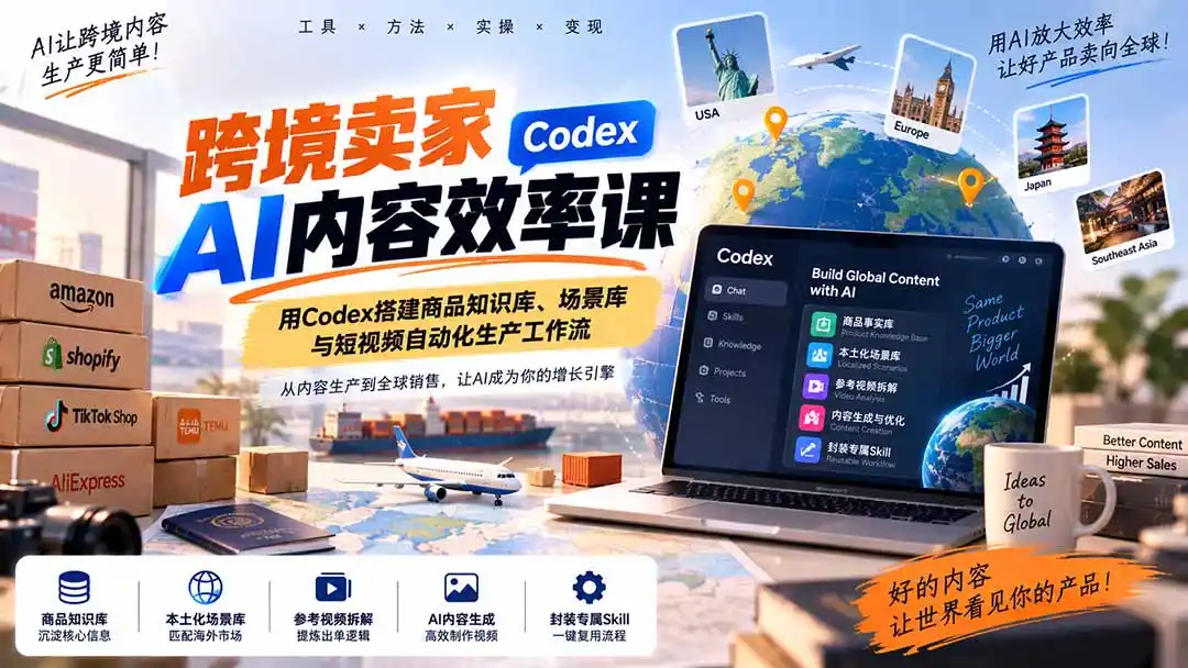 跨境卖家AI内容效率课：用Codex搭建商品知识库、场景库与短视频自动化生产工作流-亿起创业网-副业兼职月入过万-自媒体、引流推广、网赚项目、短视频、技术教程等创业项目资源
