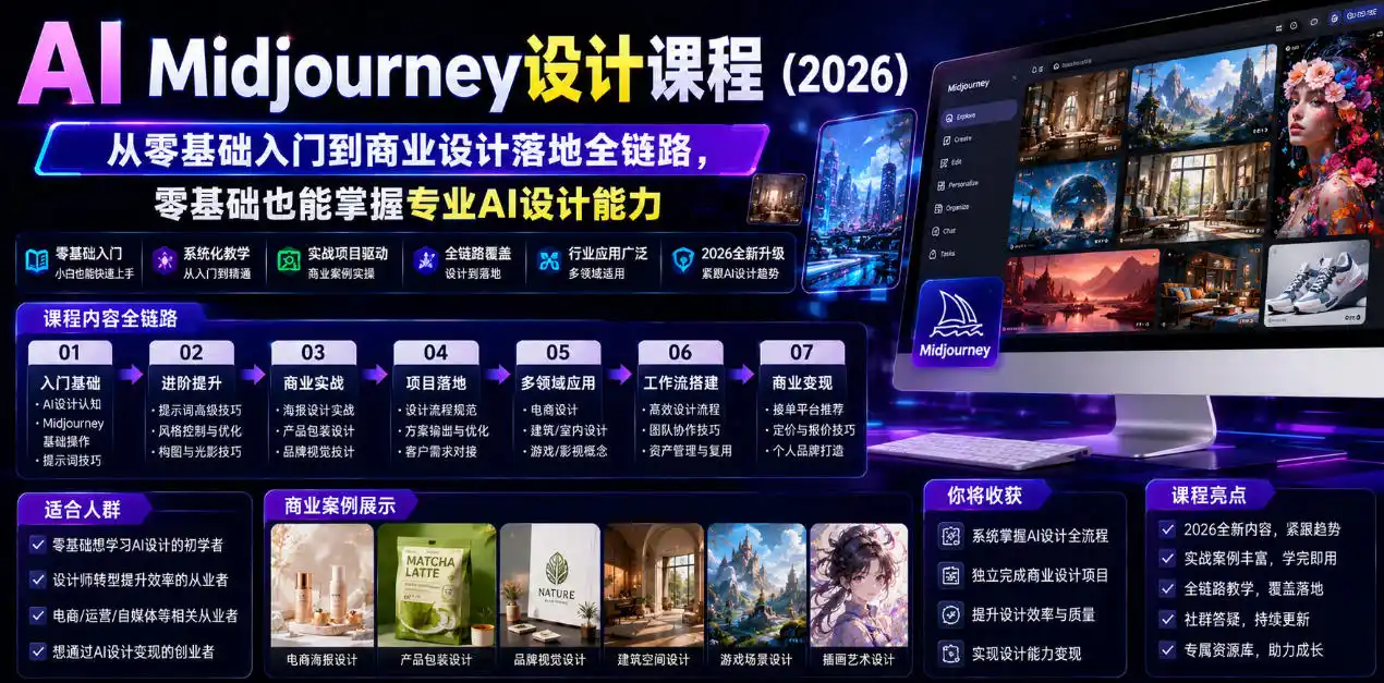 AI Midjourney设计课程(2026)，从零基础入门到商业设计落地全链路，零基础也能掌握专业AI设计能力(更新0913)-亿起创业网-副业兼职月入过万-自媒体、引流推广、网赚项目、短视频、技术教程等创业项目资源