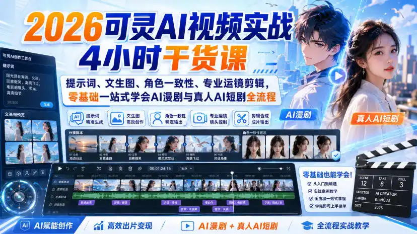 2026可灵AI视频实战4小时干货课｜提示词、文生图、角色一致性、专业运镜剪辑，零基础一站式学会AI漫剧与真人AI短剧全流程-亿起创业网-副业兼职月入过万-自媒体、引流推广、网赚项目、短视频、技术教程等创业项目资源