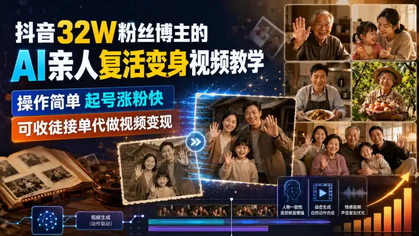 抖音32W粉丝博主的AI亲人复活变身视频教学，操作简单，起号涨粉快，可收徒接单代做视频变现-亿起创业网-副业兼职月入过万-自媒体、引流推广、网赚项目、短视频、技术教程等创业项目资源