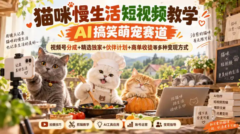 猫咪慢生活短视频教学，AI搞笑萌宠赛道，视频号分成+精选独家+伙伴计划+商单收徒等多种变现方式-亿起创业网-副业兼职月入过万-自媒体、引流推广、网赚项目、短视频、技术教程等创业项目资源