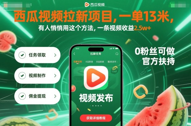 西瓜视频拉新项目,一单13米,有人悄悄用这个方法,一条视频收益2.5w+(附详细教程)-亿佰盟网