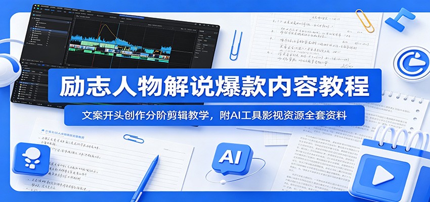 励志人物解说爆款内容教程:文案开头创作分阶剪辑教学,附AI 工具影视资源全套资料-亿起创业网-副业兼职月入过万-自媒体、引流推广、网赚项目、短视频、技术教程等创业项目资源