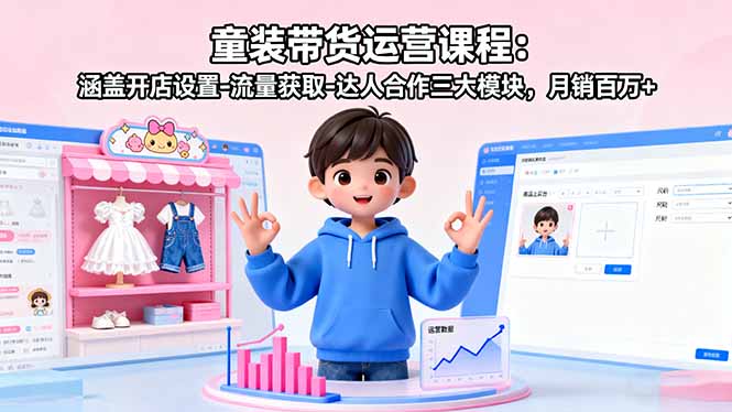 童装带货运营课程：涵盖开店设置-流量获取-达人合作三大模块，月销百万+-亿佰盟网