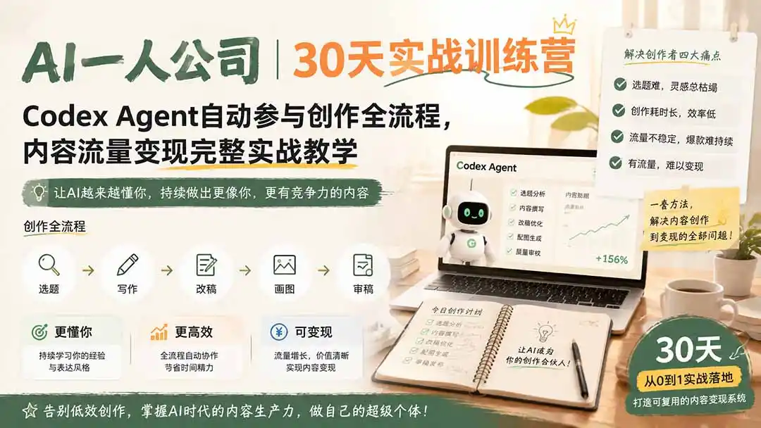 AI一人公司｜30天实战训练营；Codex Agent自动参与创作全流程，内容流量变现完整实战教学-亿起创业网-副业兼职月入过万-自媒体、引流推广、网赚项目、短视频、技术教程等创业项目资源