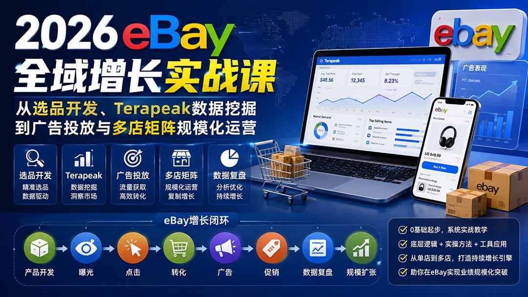 2026-Vincent eBay全域增长实战课-无水印：从选品开发、Terapeak数据挖掘到广告投放与多店矩阵规模化运营-亿起创业网-副业兼职月入过万-自媒体、引流推广、网赚项目、短视频、技术教程等创业项目资源