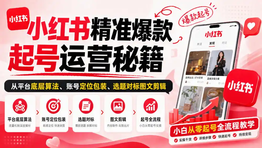 小红书精准爆款起号运营秘籍，从平台底层算法、账号定位包装、选题对标图文剪辑，小白从零起号全流程-亿起创业网-副业兼职月入过万-自媒体、引流推广、网赚项目、短视频、技术教程等创业项目资源
