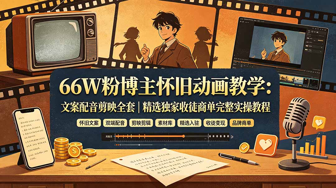66W粉博主怀旧动画教学:文案配音剪映全套|精选独家收徒商单完整实操教程-亿起创业网-副业兼职月入过万-自媒体、引流推广、网赚项目、短视频、技术教程等创业项目资源