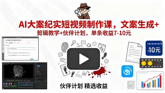 AI大案纪实短视频制作课，文案生成+剪辑教学+伙伴计划，单条收益7-10元-亿佰盟网