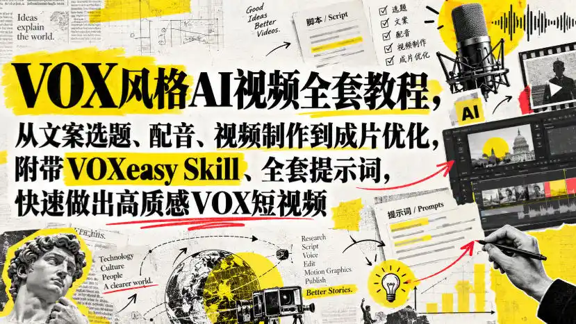VOX风格AI视频全套教程，从文案选题、配音、视频制作到成片优化，附带VOXeasy Skill、全套提示词，快速做出高质感VOX短视频-亿起创业网-副业兼职月入过万-自媒体、引流推广、网赚项目、短视频、技术教程等创业项目资源