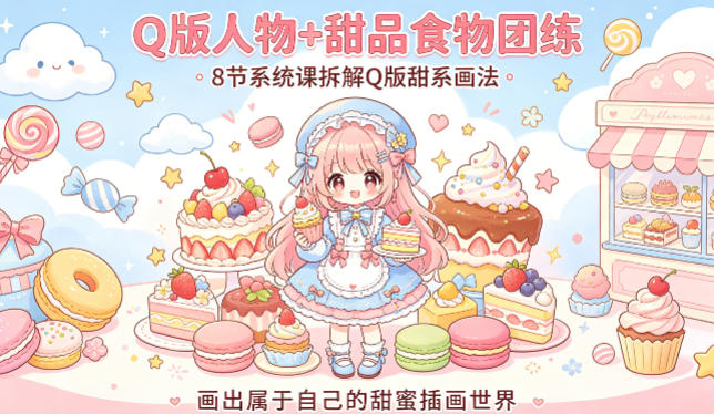 Q版人物+甜品食物团练，8节系统课拆解Q版甜系画法，画出属于自己的甜蜜插画世界-亿起创业网-副业兼职月入过万-自媒体、引流推广、网赚项目、短视频、技术教程等创业项目资源