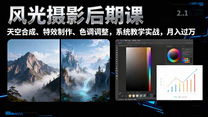 风光摄影后期课，一键换天空合成、特效制作、色调调整，月入过万-亿佰盟网