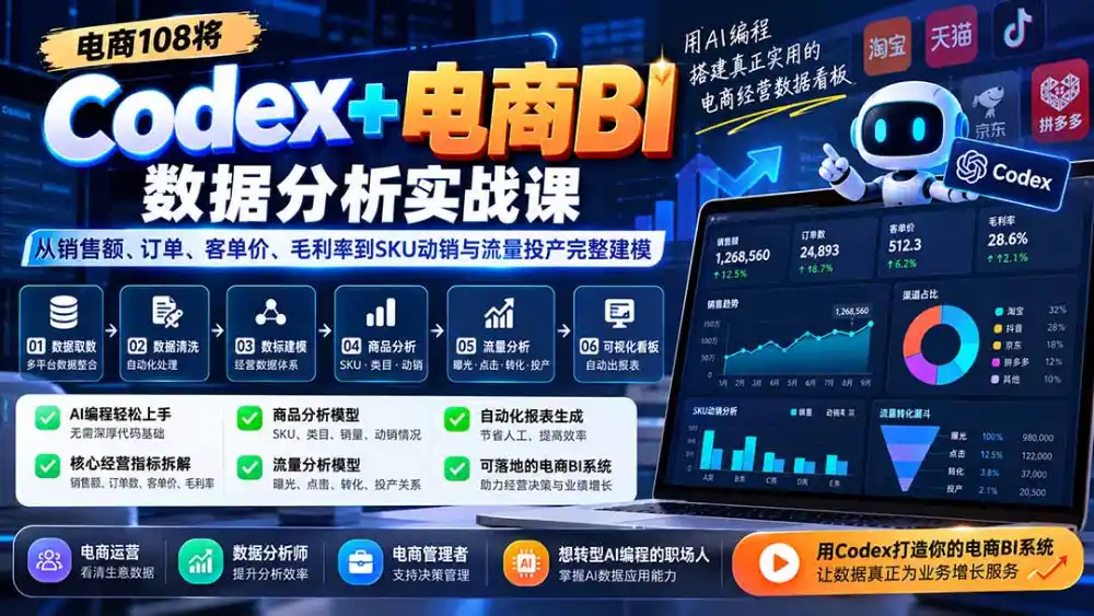 Codex+电商BI数据分析实战课-更新：从销售额、订单、客单价、毛利率到SKU动销与流量投产完整建模-亿起创业网-副业兼职月入过万-自媒体、引流推广、网赚项目、短视频、技术教程等创业项目资源